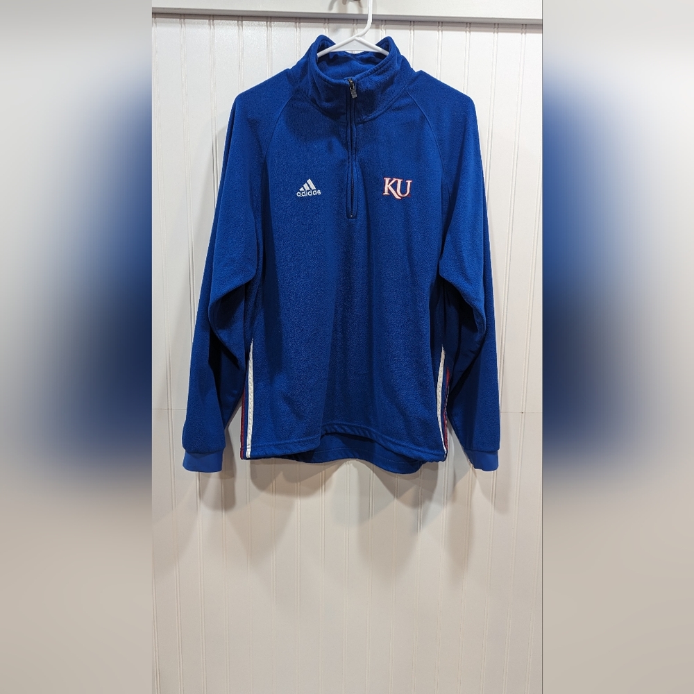 Adidas Blue 1/4 Zip Solid Mock Neck Long Sleeve Fleece Adult Size S Kansas Unive